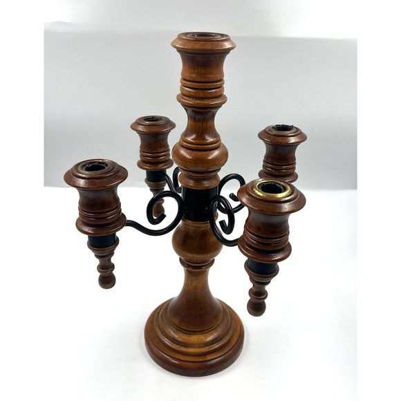 Vintage Candelabra Wooden Curved Metal 4 Arms Stick Candle Holder Decor - Picture 8 of 11